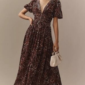 Anthropologie Brown Paisley V-Neck Maxi Dress